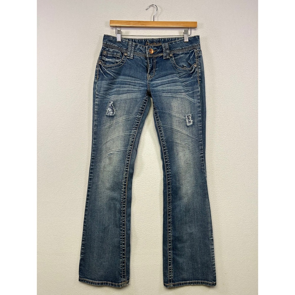 Y2K McBling Amethyst Women 7 Blue Low Rise Distressed Bootcut Jeans